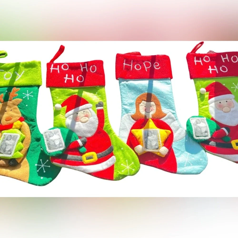 NWT Adorable set of 4 Christmas stockings with slot to insert a photo